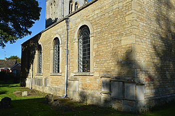 'Exterior of the south aisle showing memorial blisters - October 2015'
